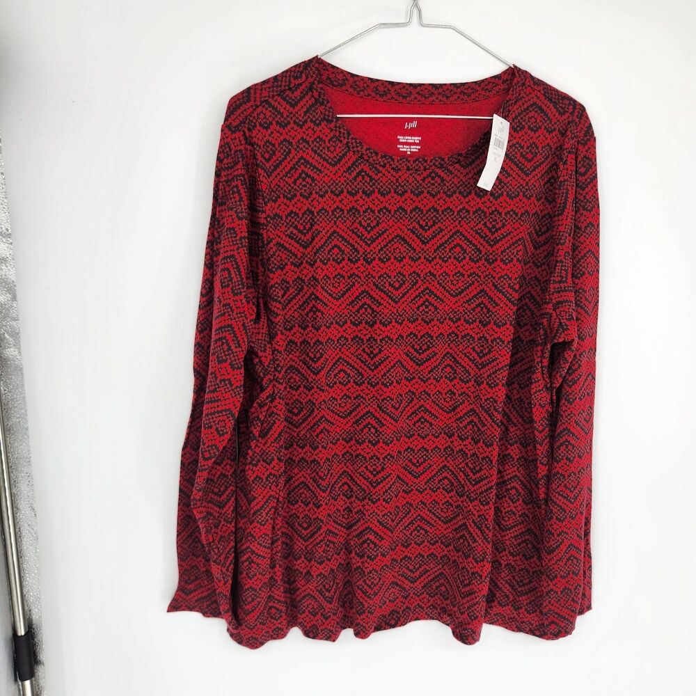 J Jill Red Scarlet Fair Isle Pima Long Sleeve Crew Neck Tee NWT